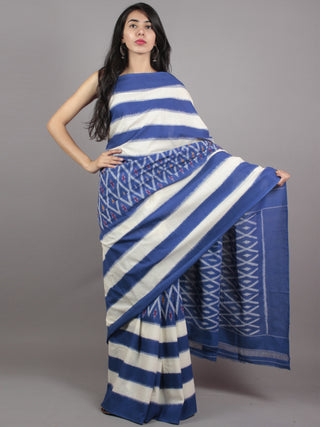 Navy Blue Ivory Ikat Handwoven Pochampally Mercerized Cotton Saree - S031701633