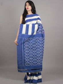Navy Blue Ivory Ikat Handwoven Pochampally Mercerized Cotton Saree - S031701633