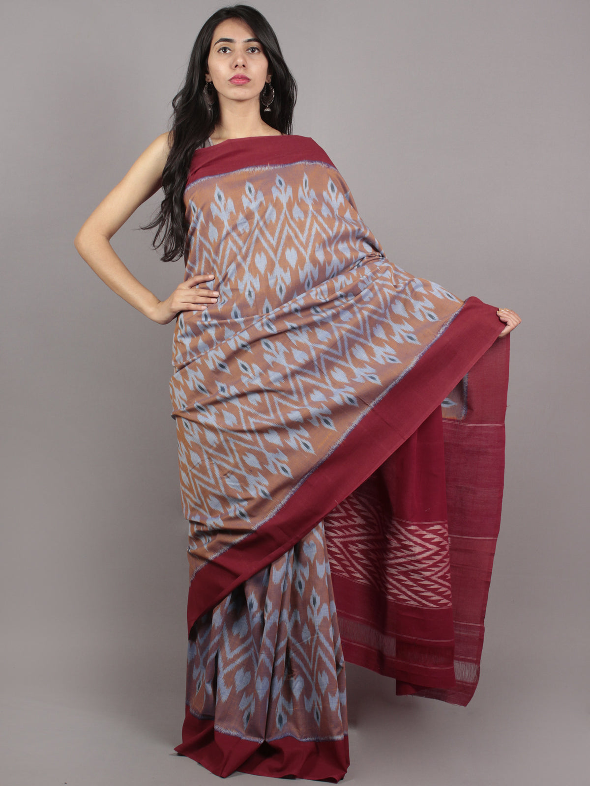 Brown Maroon Blue Ikat Handwoven Pochampally Mercerized Cotton Saree - S031701635
