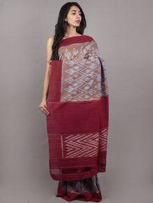 Brown Maroon Blue Ikat Handwoven Pochampally Mercerized Cotton Saree - S031701635