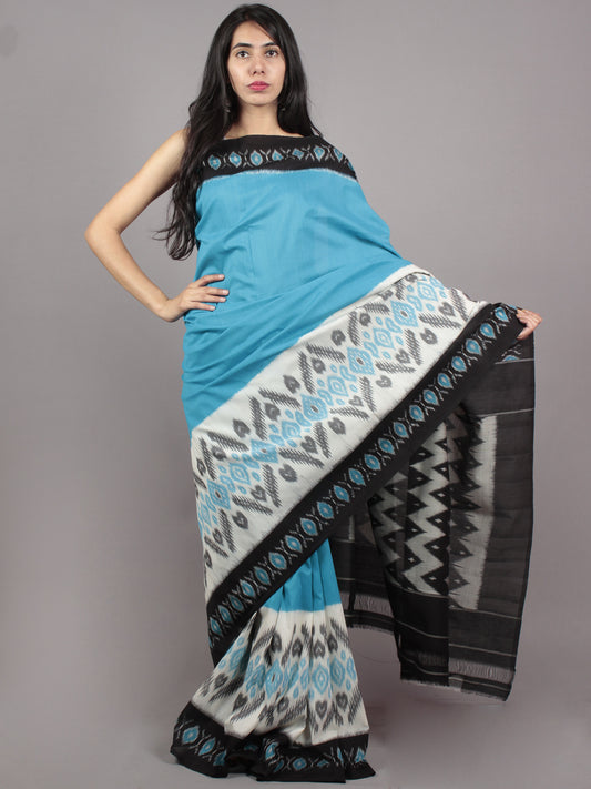 Sky Blue Black Ivory Grey Ikat Handwoven Pochampally Mercerized Cotton Saree - S031701636
