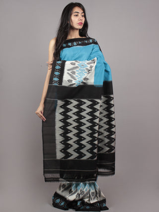 Sky Blue Black Ivory Grey Ikat Handwoven Pochampally Mercerized Cotton Saree - S031701636