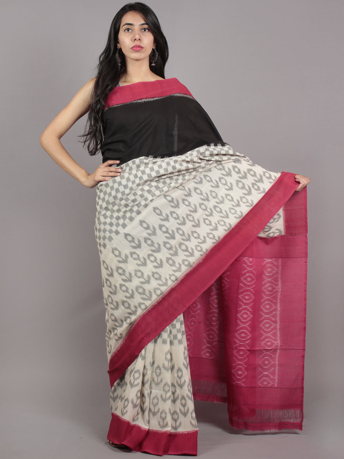 Black Ivory Grey Deep Pink Ikat Handwoven Pochampally Mercerized Cotton Saree - S031701637