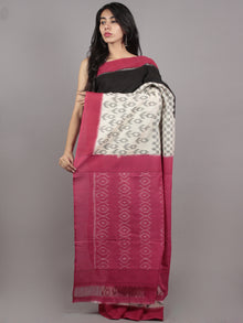 Black Ivory Grey Deep Pink Ikat Handwoven Pochampally Mercerized Cotton Saree - S031701637