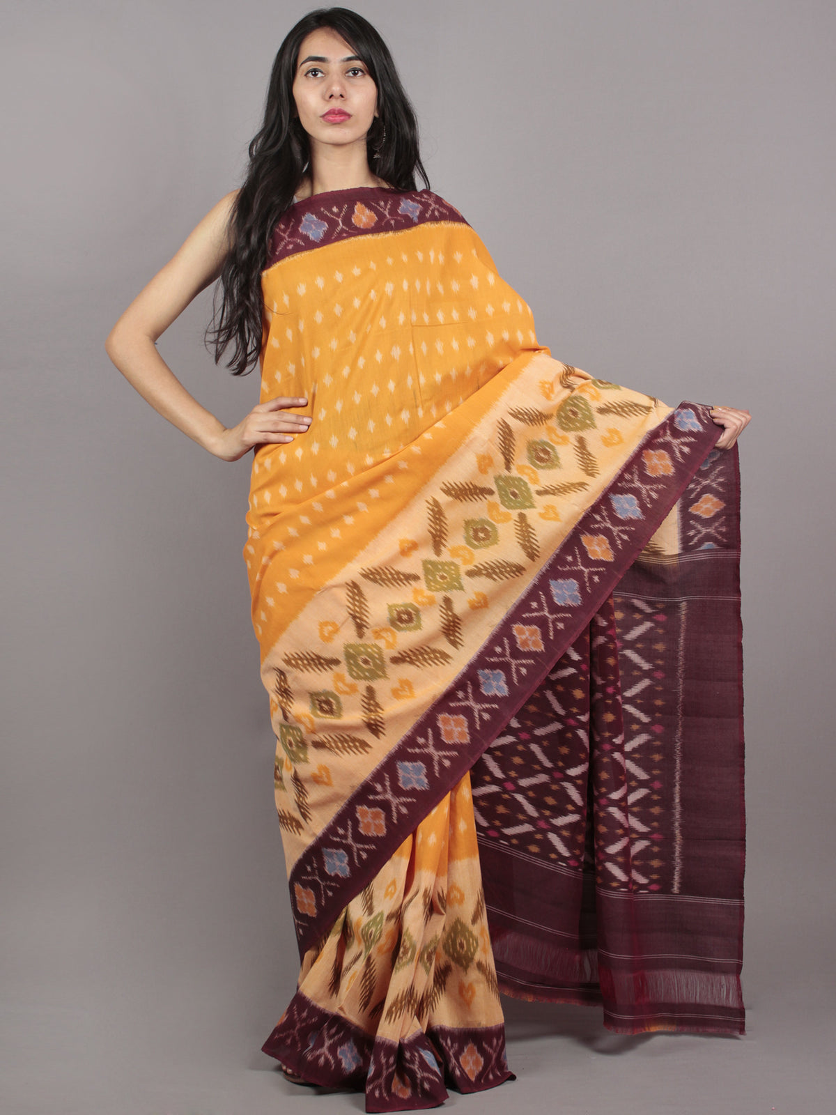 Yellow Brown Multi Color Ikat Handwoven Pochampally Mercerized Cotton Saree - S031701638