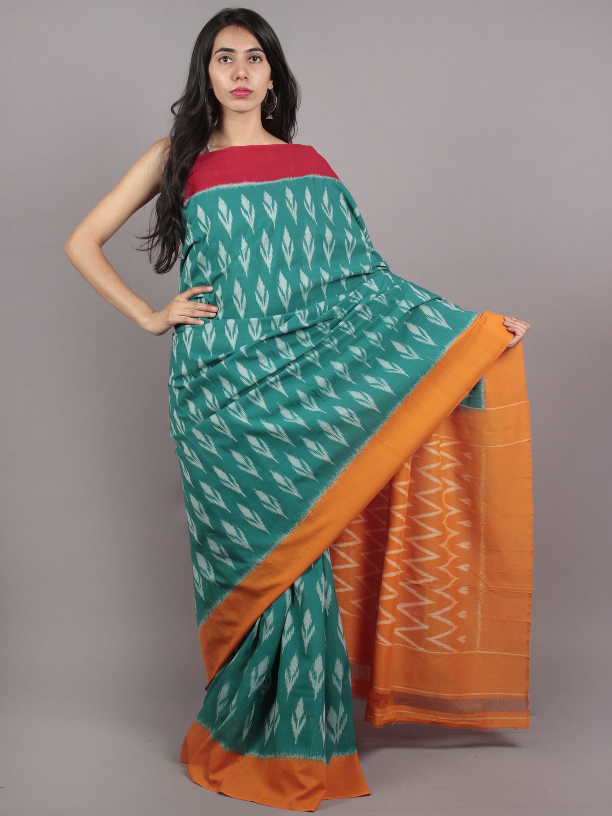 Teal Green Red Yellow Grey Ikat Handwoven Pochampally Mercerized Cotton Saree - S031701641