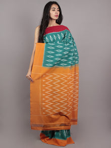 Teal Green Red Yellow Grey Ikat Handwoven Pochampally Mercerized Cotton Saree - S031701641