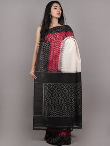 Ivory Black Maroon Grey Ikat Handwoven Pochampally Mercerized Cotton Saree - S031701643