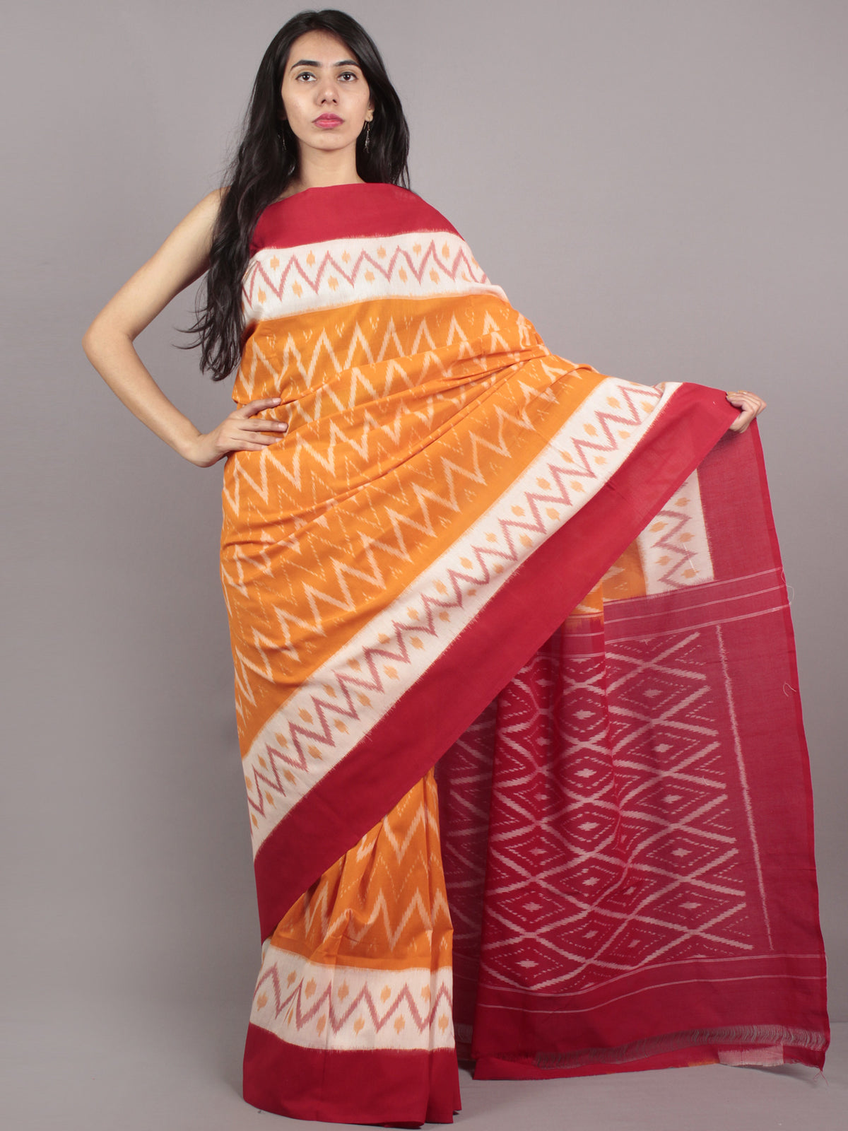 Orange Ivory Red Ikat Handwoven Pochampally Mercerized Cotton Saree - S031701644