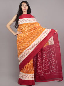 Orange Ivory Red Ikat Handwoven Pochampally Mercerized Cotton Saree - S031701644