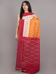 Orange Ivory Red Ikat Handwoven Pochampally Mercerized Cotton Saree - S031701644