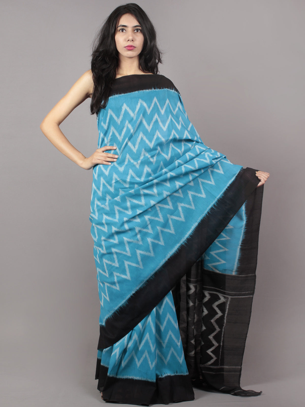 Sky Blue Ivory Black Ikat Handwoven Pochampally Mercerized Cotton Saree - S031701647