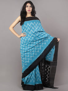 Sky Blue Ivory Black Ikat Handwoven Pochampally Mercerized Cotton Saree - S031701647