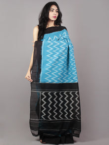 Sky Blue Ivory Black Ikat Handwoven Pochampally Mercerized Cotton Saree - S031701647