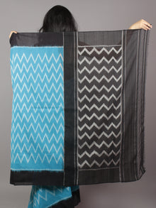 Sky Blue Ivory Black Ikat Handwoven Pochampally Mercerized Cotton Saree - S031701647