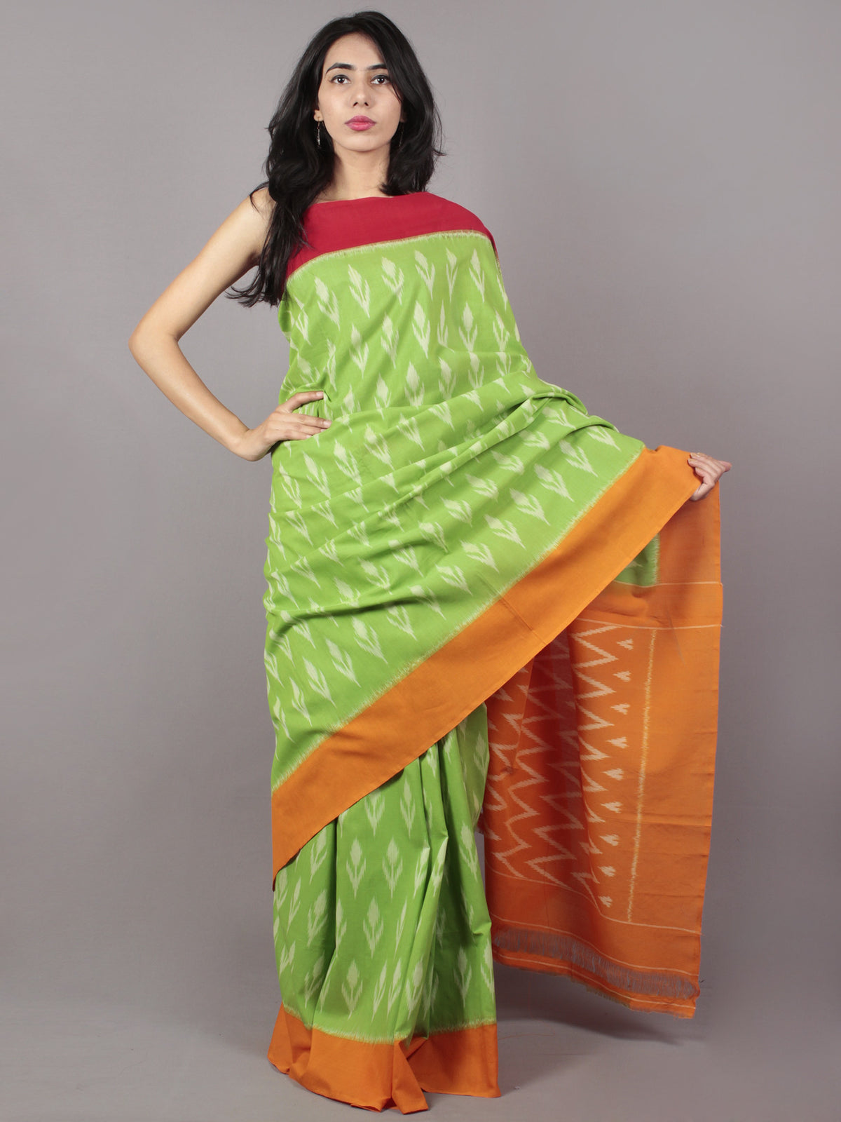 Pastel Green Red Orange Ivory Ikat Handwoven Pochampally Mercerized Cotton Saree - S031701648