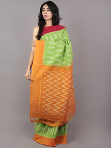 Pastel Green Red Orange Ivory Ikat Handwoven Pochampally Mercerized Cotton Saree - S031701648