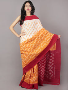 Ivory Orange Red Ikat Handwoven Pochampally Mercerized Cotton Saree - S031701649