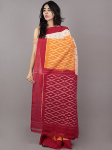 Ivory Orange Red Ikat Handwoven Pochampally Mercerized Cotton Saree - S031701649
