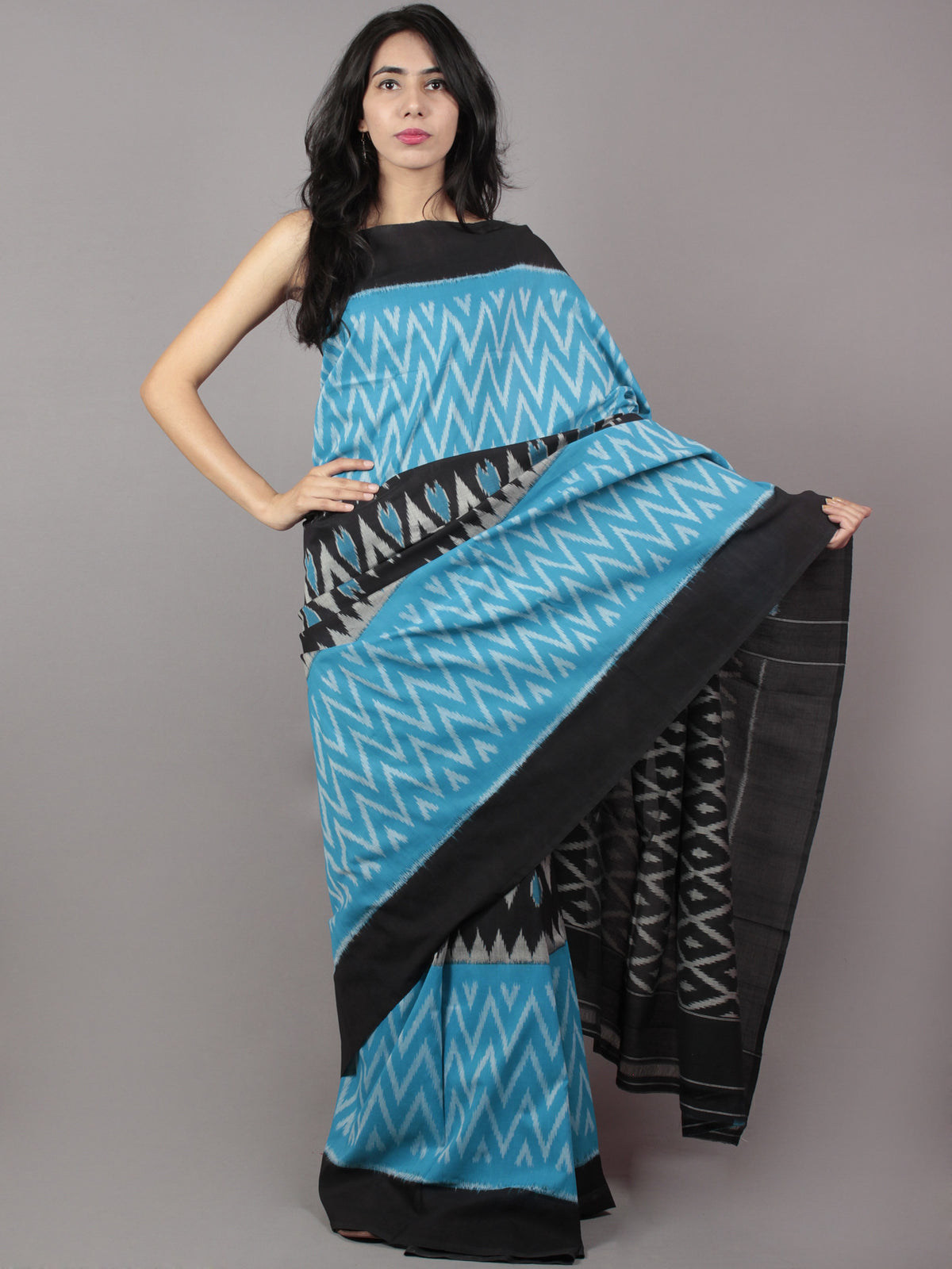 Sky Blue Black Ivory Grey Ikat Handwoven Pochampally Mercerized Cotton Saree - S031701650