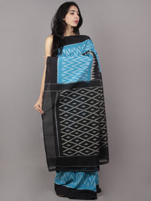 Sky Blue Black Ivory Grey Ikat Handwoven Pochampally Mercerized Cotton Saree - S031701650