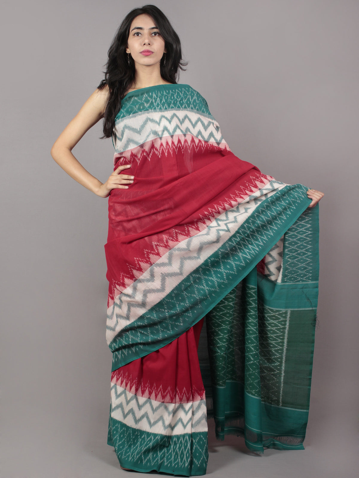 Red Ivory Teal Green Ikat Handwoven Pochampally Mercerized Cotton Saree - S031701651