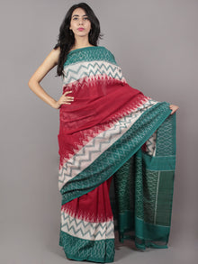 Red Ivory Teal Green Ikat Handwoven Pochampally Mercerized Cotton Saree - S031701651
