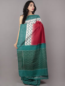 Red Ivory Teal Green Ikat Handwoven Pochampally Mercerized Cotton Saree - S031701651
