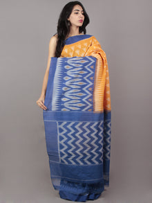 Orange Blue Ivory Grey Ikat Handwoven Pochampally Mercerized Cotton Saree - S031701652