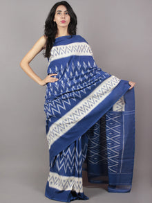 Cobalt Blue Ivory Grey Ikat Handwoven Pochampally Mercerized Cotton Saree - S031701653