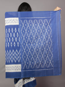 Cobalt Blue Ivory Grey Ikat Handwoven Pochampally Mercerized Cotton Saree - S031701653