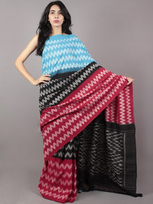 Blue Black Maroon Grey Ikat Handwoven Pochampally Mercerized Cotton Saree - S031701654