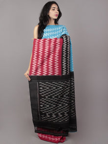 Blue Black Maroon Grey Ikat Handwoven Pochampally Mercerized Cotton Saree - S031701654