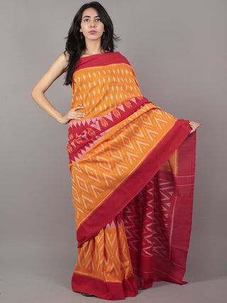 Orange Red Ivory Ikat Handwoven Pochampally Mercerized Cotton Saree - S031701655