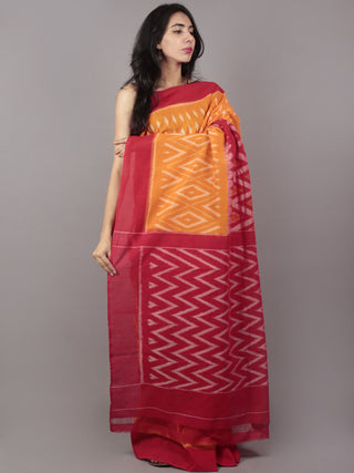 Orange Red Ivory Ikat Handwoven Pochampally Mercerized Cotton Saree - S031701655