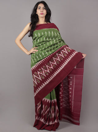 Basil Green Maroon Ivory Purple Ikat Handwoven Pochampally Mercerized Cotton Saree - S031701658