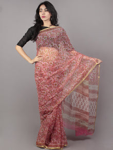 Pastel Pink Ivory Green Hand Block Printed in Natural Colors Chiffon Saree - S031701661