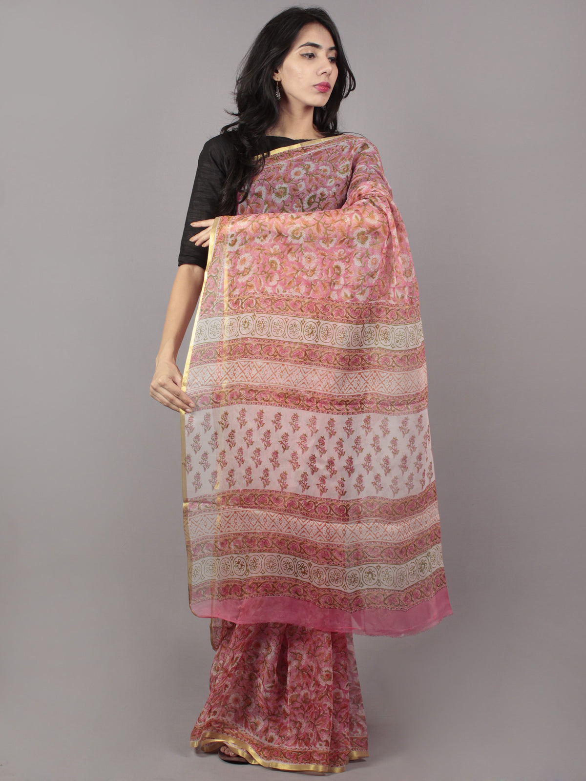 Pastel Pink Ivory Green Hand Block Printed in Natural Colors Chiffon Saree - S031701661