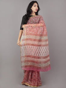 Pastel Pink Ivory Green Hand Block Printed in Natural Colors Chiffon Saree - S031701661