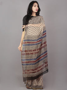 Beige Maroon Blue Hand Block Printed in Natural Colors Chiffon Saree - S031701663