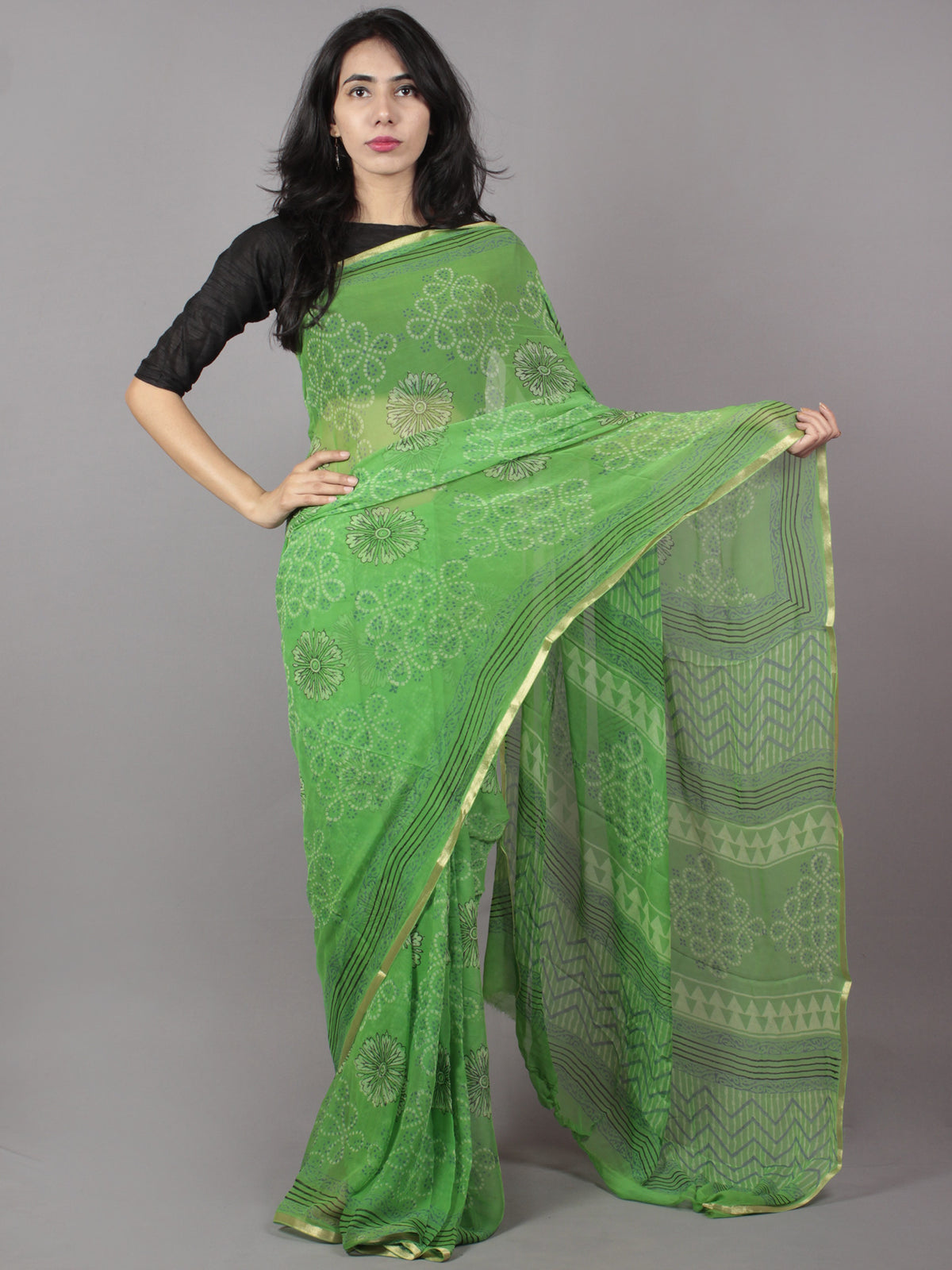 Pastel Green Ivory Hand Block Printed Chiffon Saree - S031701665