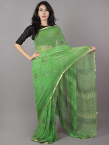 Pastel Green Ivory Hand Block Printed Chiffon Saree - S031701665