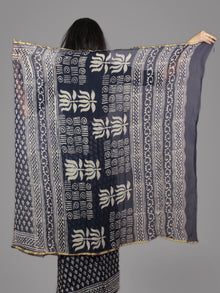 Deep Indigo Ivory Hand Block Printed Chiffon Saree - S031701666