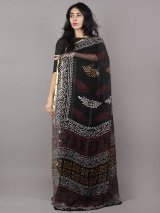 Black Ivory Maroon Yellow Hand Block Printed Chiffon Saree - S031701670