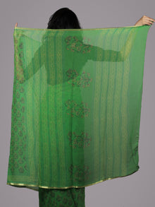 Basil Green Yellow Hand Block Printed Chiffon Saree - S031701674