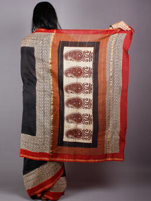 Black Beige Red Hand Putai & Hand Block Printed Bagru Chanderi Saree  - S03170472