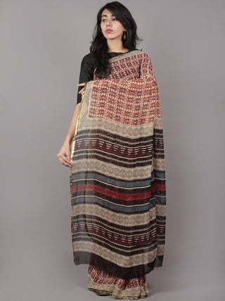 Beige Red Black Maroon Grey Hand Block Printed Chiffon Saree - S031701687