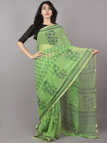 Pastel Green Blue Grey Hand Block Printed Chiffon Saree - S031701688