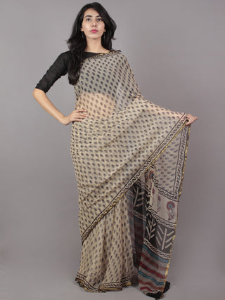Beige Black Maroon Green Hand Block Printed Chiffon Saree - S031701691