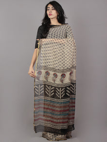 Beige Black Maroon Green Hand Block Printed Chiffon Saree - S031701691